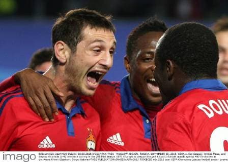 MOSCOW REGION, RUSSIA. SEPTEMBER 30, 2015. CSKA s Alan Dzagav, Ahmed Musa, and Seydou Doumbia (L-R) celebrate scoring in the 2015 16 Season UEFA Champions League Group B Round 2 football match against PSV Eindhoven at the Arena Khimki Stadium. Sergei Bobylev TASS  TS00ECB3