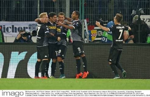 30.09.2015, Fussball UEFA Champions League 2015 2016, Vorrunde, 2.Spieltag, Borussia Mönchengladbach - Manchester City, im Borussia-Park Mönchengladbach. Jubel Gladbach zum Tor zum 1:0 