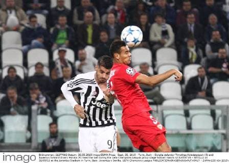 Sept. 30, 2015 - Turin, Italy - Siviglia defender Timothee Kolodziejczak (5) and Juventus forward Alvaro Morata (9) head the ball during the Uefa Champions League group stage football match n2 JUVENTUS - SEVILLA on 30 09 15 at the Juventus Stadium in Turin, Italy. Juventus v Sevilla, UEFA Champions League  - ZUMAn230
