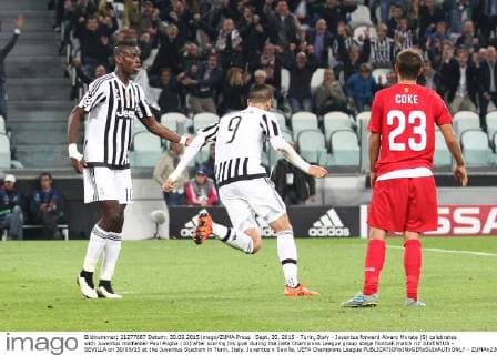 Sept. 30, 2015 - Turin, Italy - Juventus forward Alvaro Morata (9) celebrates with Juventus midfielder Paul Pogba (10) after scoring his goal during the Uefa Champions League group stage football match n2 JUVENTUS - SEVILLA on 30 09 15 at the Juventus Stadium in Turin, Italy. Juventus v Sevilla, UEFA Champions League  - ZUMAn230