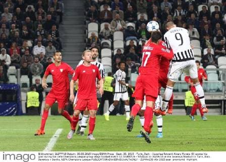 Sept. 30, 2015 - Turin, Italy - Juventus forward Alvaro Morata (9) scores his goal during the Uefa Champions League group stage football match n2 JUVENTUS - SEVILLA on 30 09 15 at the Juventus Stadium in Turin, Italy. Juventus v Sevilla, UEFA Champions League  - ZUMAn230