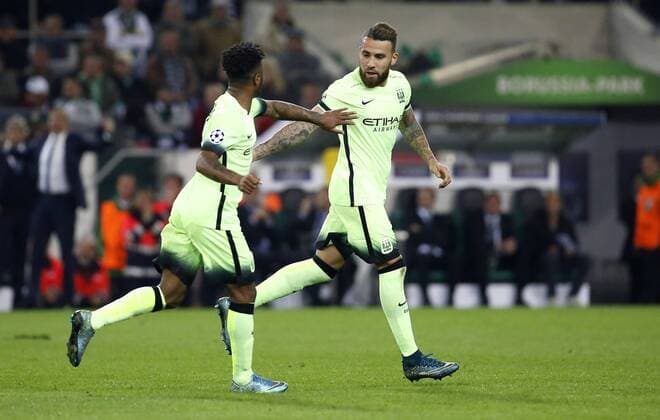 Nicolas Otamendi (Manchester City) (R) celebrates scoring the 1:1 goal with Raheem Sterling (Manchester City) during the Championsleague between Borussia Moenchengladbach and Manchester City, Borussiapark in Moenchengladbach on September 30., 2015. Borussia Mönchengladbach vs. Manchester City in der Champions League der Saison 2015 2016 am 30. September 2015.
