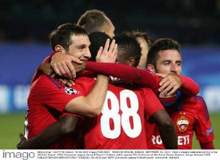 MOSCOW REGION, RUSSIA. SEPTEMBER 30, 2015. CSKA s players celebrate scoring in the 2015 16 Season UEFA Champions League Group B Round 2 football match against PSV Eindhoven at the Arena Khimki Stadium. Sergei Bobylev TASS  TS00ECB1