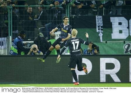 (L-R) Lars Stindl of Borussia Monchengladbach, Oscar Wendt of Borussia Monchengladbach Maurice van Steen Monchengladbach Borussia Monchengladbach v Manchester City xVIxxIVx 4402369