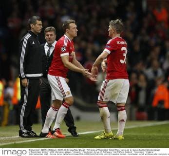 Phil Jones of Manchester United ManU comes on to replace Bastian Schweinsteiger of Manchester United - UEFA Champions League - Group B - Manchester Utd vs Vfl Wolfsburg - Old Trafford Stadium - Manchester - England - 30th September 2015 - Picture Simon Bellis Sportimage EDITORIAL USE ONLY. No use with unauthorised audio, video, data, fixture lists, club league logos or live services. Online in-match use limited to 120 images, no video emulation. No use in betting, games or single club league player publications.