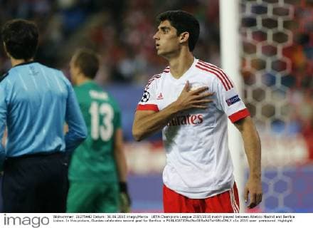 UEFA Champions League 2015 2016 match played between Atletico Madrid and Benfica Lisbon. In this picture, Guedes celebrates second goal for Benfica. x 