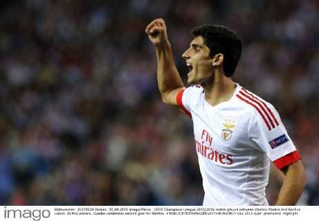 UEFA Champions League 2015 2016 match played between Atletico Madrid and Benfica Lisbon. In this picture, Guedes celebrates second goal for Benfica. x 
