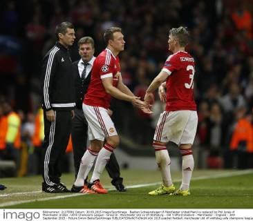 Bastian Schweinsteiger of Manchester United ManU is replaced by Phil Jones of Manchester United - UEFA Champions League - Group B - Manchester Utd vs Vfl Wolfsburg - Old Trafford Stadium - Manchester - England - 30th September 2015 - Picture Simon Bellis Sportimage EDITORIAL USE ONLY. No use with unauthorised audio, video, data, fixture lists, club league logos or live services. Online in-match use limited to 120 images, no video emulation. No use in betting, games or single club league player publications.