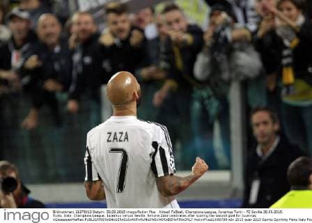 Aktuell FuÃŸball, Champions League, Juventus Turin - FC Sevilla 30.09.2015. Turin, Italy. Champions League. Juventus versus Sevilla. Simone Zaza celebrates after scoring the second goal for Juventus xGiuseppexMaffiax  ActionPlus11666750