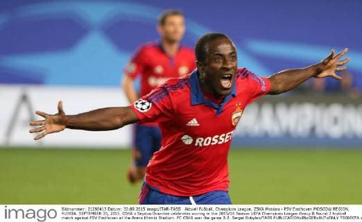Aktuell FuÃŸball, Champions League, ZSKA Moskau - PSV Eindhoven MOSCOW REGION, RUSSIA. SEPTEMBER 30, 2015. CSKA s Seydou Doumbia celebrates scoring in the 2015 16 Season UEFA Champions League Group B Round 2 football match against PSV Eindhoven at the Arena Khimki Stadium. FC CSKA won the game 3:2. Sergei Bobylev TASS  TS00ECFA