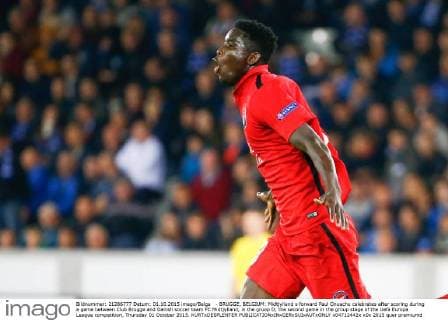 - BRUGGE, BELGIUM: Midtjylland s forward Paul Onuachu celebrates after scoring during a game between Club Brugge and Danish soccer team FC Midtjylland, in the gruop D, the second game in the group stage of the Uefa Europa League competition, Thursday 01 October 2015. KURTxDESPLENTER  x04712442x