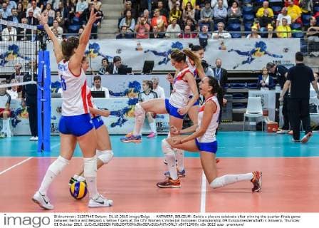 - ANTWERP, BELGIUM: Serbia s players celebrate after winning the quarter-finals game between Serbia and Belgium s Yellow Tigers at the CEV Women s Volleybal European Championship EM Europameisterschaft in Antwerp, Thursday 01 October 2015. LUCxCLAESSEN  x04712498x