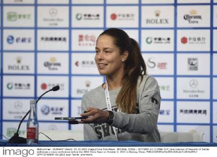 BEIJING, CHINA - OCTOBER 02: (CHINA OUT) Ana Ivanovic of Republic of Serbia addresses a news conference before the 2015 China Open on October 2, 2015 in Beijing, China.  CFP473769698 