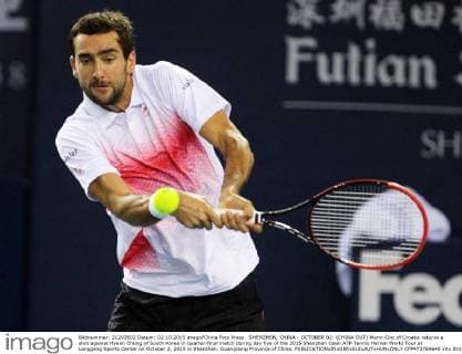 SHENZHEN, CHINA - OCTOBER 02: (CHINA OUT) Marin Cilic of Croatia returns a shot against Hyeon Chung of South Korea in quarter-final match during day five of the 2015 Shenzhen Open ATP Tennis Herren World Tour at Longgang Sports Center on October 2, 2015 in Shenzhen, Guangdong Province of China.  CFP473769645 