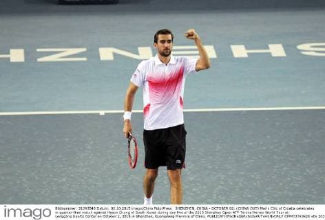 SHENZHEN, CHINA - OCTOBER 02: (CHINA OUT) Marin Cilic of Croatia celebrates in quarter-final match against Hyeon Chung of South Korea during day five of the 2015 Shenzhen Open ATP Tennis Herren World Tour at Longgang Sports Center on October 2, 2015 in Shenzhen, Guangdong Province of China.  CFP473769628 