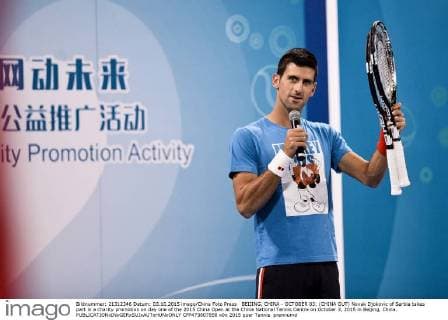 BEIJING, CHINA - OCTOBER 03: (CHINA OUT) Novak Djokovic of Serbia takes part in a charity promotion on day one of the 2015 China Open at the China National Tennis Centre on October 3, 2015 in Beijing, China.  CFP473807858 