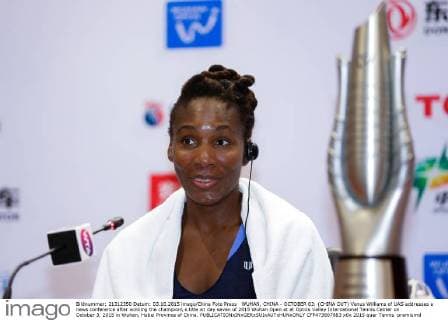 WUHAN, CHINA - OCTOBER 03: (CHINA OUT) Venus Williams of UAS addresses a news conference after winning the champion s title on day seven of 2015 Wuhan Open at at Optics Valley International Tennis Center on October 3, 2015 in Wuhan, Hubei Province of China.  CFP473807883 