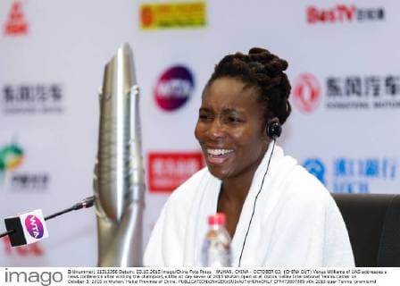 WUHAN, CHINA - OCTOBER 03: (CHINA OUT) Venus Williams of UAS addresses a news conference after winning the champion s title on day seven of 2015 Wuhan Open at at Optics Valley International Tennis Center on October 3, 2015 in Wuhan, Hubei Province of China.  CFP473807889 