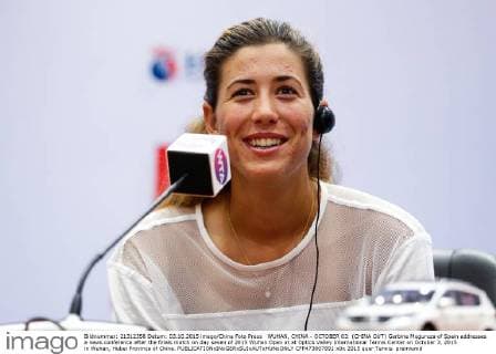 WUHAN, CHINA - OCTOBER 03: (CHINA OUT) Garbine Muguruza of Spain addresses a news conference after the finals match on day seven of 2015 Wuhan Open at at Optics Valley International Tennis Center on October 3, 2015 in Wuhan, Hubei Province of China.  CFP473807891 