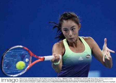 BEIJING, CHINA - OCTOBER 03: (CHINA OUT) Wang Qiang of China returns a shot against Varvara Lepchenko of USA in the first round of Women s Singles match on day one of the 2015 China Open at the China National Tennis Centre on October 3, 2015 in Beijing, China.  CFP473812492 