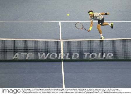 03 October 2015: David Ferrer of Spain in action during his 3-6, 6-2, 6-4 win against Benjamin Becker of Germany in the semifinal match of ATP Tennis Herren World Tour 250 Malaysian Open, Kuala Lumpur 2015 held at Putra Stadium in Bukit Jalil, Kuala Lumpur, Malaysia. (Photo by Hazrin Yeob Men Shah Icon Sportswire) TENNIS: OCT 03 Malaysia Open Icon3781510035821 EDITORIAL USE ONLY