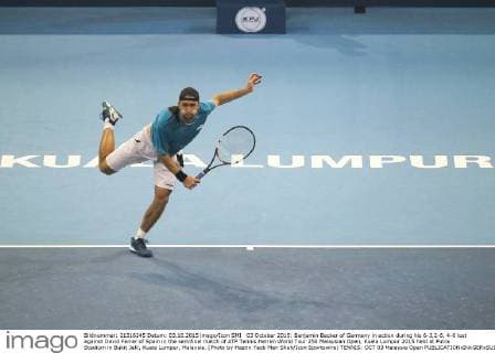 03 October 2015: Benjamin Becker of Germany in action during his 6-3,2-6, 4-6 lost against David Ferrer of Spain in the semifinal match of ATP Tennis Herren World Tour 250 Malaysian Open, Kuala Lumpur 2015 held at Putra Stadium in Bukit Jalil, Kuala Lumpur, Malaysia. (Photo by Hazrin Yeob Men Shah Icon Sportswire) TENNIS: OCT 03 Malaysia Open Icon3781510036391 EDITORIAL USE ONLY