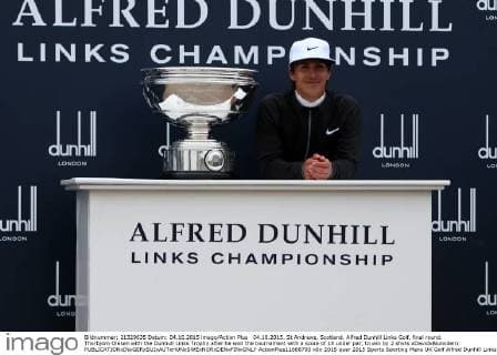 04.10.2015. St Andrews, Scotland. Alfred Dunhill Links Golf, final round. Thorbjorn Olesen with the Dunhull Links Trophy after he won the tournament with a score of 18 under par, to win by 2 shots xDavidxBlunsdenx  ActionPlus11668793