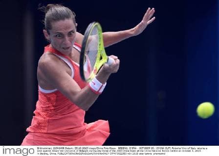 BEIJING, CHINA - OCTOBER 05: (CHINA OUT) Roberta Vinci of Italy returns a shot against Alison Van Uytvanck of Belgium during day three of the 2015 China Open at the China National Tennis Centre on October 5, 2015 in Beijing, China.  CFP473922353 