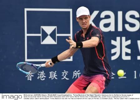 Tomas Berdych of the Czech Republic returns a shot to Guillermo Garcia-Lopez of Spain in the final match during the 2015 Shenzhen Open ATP Tennis Herren World Tour in Shenzhen city, south China s Guangdong province, 5 October 2015. Czech tennis player Tomas Berdych has won his first tournament of the year on Monday (5 October 2015). The top Czech men s singles player beat Spaniard Guillermo Garcia-Lopez in straight sets: 6:3, 7:6 at the Shenzen Open. He came back in the second set after trailing 0:3. The win puts 30-year-old Berdych on clear course to take part in the prestigious year end Masters tournament at the end of the year in London. Berdych beats Garcia-Lopez to win Shenzhen Open  pbu340902_05