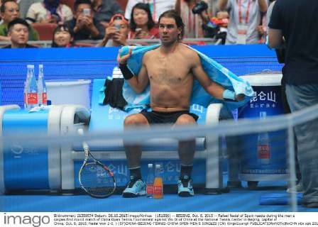 (151006) -- BEIJING, Oct. 6, 2015 -- Rafael Nadal of Spain reacts during the men s singles first round match of China Open Tennis Tournament against Wu Di of China at the National Tennis Center in Beijing, capital of China, Oct. 6, 2015. Nadal won 2-0. ) (SP)CHINA-BEIJING-TENNIS-CHINA OPEN-MEN S SINGLES (CN) XingxGuangli 