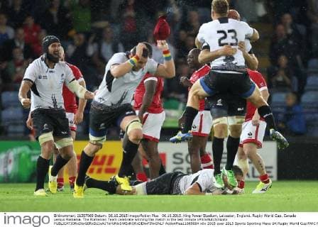 06.10.2015. King Power Stadium, Leicester, England. Rugby World Cup. Canada versus Romania. The Romanian Team celebrate winning the match in the last minute xPhilxHutchinsonx  ActionPlus11669664