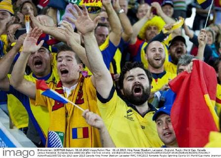 06.10.2015. King Power Stadium, Leicester, England. Rugby World Cup. Canada versus Romania. Romania fans celebrate after the final whistle. xGrahamxWilsonx  ActionPlus11669732