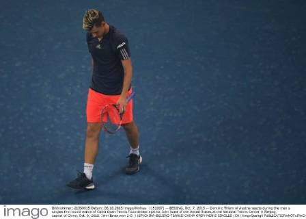 (151007) -- BEIJING, Oct. 7, 2015 -- Dominic Thiem of Austria reacts during the men s singles first round match of China Open Tennis Tournament against John Isner of the United States at the National Tennis Center in Beijing, capital of China, Oct. 6, 2015. John Isner won 2-0. ) (SP)CHINA-BEIJING-TENNIS-CHINA OPEN-MEN S SINGLES (CN) XingxGuangli 