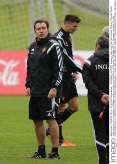 - BRUSSELS, BELGIUM: Belgium s head coach Marc Wilmots and Belgium s Thomas Meunier pictured during a training session of Belgian national soccer team Red Devils, Wednesday 07 October 2015, in Neerpede, Brussels. The Red Devils prepare for the upcoming Euro 2016 qualification games against Andorra and Israel. BRUNOxFAHY  x04716024x