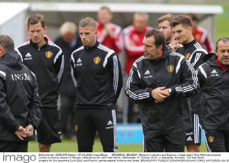 - BRUSSELS, BELGIUM: Belgium s players and Belgium s head coach Marc Wilmots pictured during a training session of Belgian national soccer team Red Devils, Wednesday 07 October 2015, in Neerpede, Brussels. The Red Devils prepare for the upcoming Euro 2016 qualification games against Andorra and Israel. BRUNOxFAHY  x04716025x