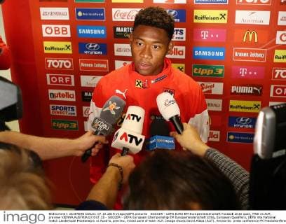SOCCER - UEFA EURO EM Europameisterschaft Fussball 2016 quali, MNE vs AUT, preview VIENNA,AUSTRIA,07.OCT.15 - SOCCER - UEFA European Championship EM Europameisterschaft 2016, European Qualifiers, OEFB international match Länderspiel Montenegro vs Austria, preview, mixed zone of team AUT. Image shows David Alaba (AUT). Keywords: press conference PK Pressekonferenz GEPAxpictures xChristianxOrt
