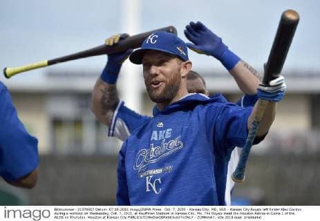 Oct. 7, 2015 - Kansas City, MO, USA - Kansas City Royals left fielder Alex Gordon during a workout on Wednesday, Oct. 7, 2015, at Kauffman Stadium in Kansas City, Mo. The Royals meet the Houston Astros in Game 1 of the ALDS on Thursday. Houston at Kansas City - ZUMAm67_