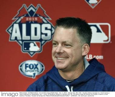 Oct. 7, 2015 - Kansas City, MO, USA - Houston Astros manager A.J. Hinch during a news conference on Wednesday, Oct. 7, 2015, at Kauffman Stadium in Kansas City, Mo. The Astros meet the Kansas City Royals in Game 1 of the ALDS on Thursday. Houston at Kansas City - ZUMAm67_
