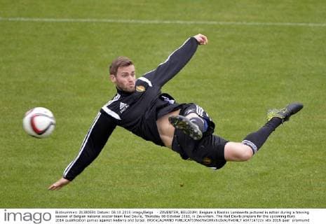 - ZAVENTEM, BELGIUM: Belgium s Nicolas Lombaerts pictured in action during a training session of Belgian national soccer team Red Devils, Thursday 08 October 2015, in Zaventem. The Red Devils prepare for the upcoming Euro 2016 qualification games against Andorra and Israel. ERICxLALMAND  x04716722x