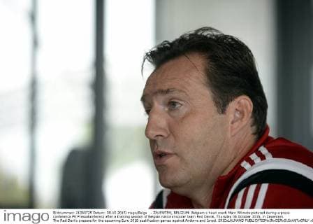 - ZAVENTEM, BELGIUM: Belgium s head coach Marc Wilmots pictured during a press conference PK Pressekonferenz after a training session of Belgian national soccer team Red Devils, Thursday 08 October 2015, in Zaventem. The Red Devils prepare for the upcoming Euro 2016 qualification games against Andorra and Israel. ERICxLALMAND  x04716742x
