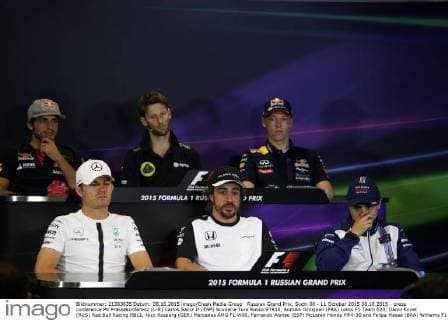 Russian Grand Prix, Sochi 08 - 11 October 2015 08.10.2015 - press conference PK Pressekonferenz (L-R) Carlos Sainz Jr (ESP) Scuderia Toro Rosso STR10, Romain Grosjean (FRA) Lotus F1 Team E23, Daniil Kvyat (RUS) Red Bull Racing RB11, Nico Rosberg (GER) Mercedes AMG F1 W06, Fernando Alonso (ESP) McLaren Honda MP4-30 and Felipe Massa (BRA) Williams F1 Team FW37 