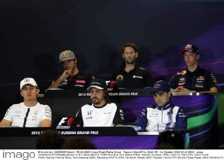 Russian Grand Prix, Sochi 08 - 11 October 2015 08.10.2015 - press conference PK Pressekonferenz (L-R) Carlos Sainz Jr (ESP) Scuderia Toro Rosso STR10, Romain Grosjean (FRA) Lotus F1 Team E23, Daniil Kvyat (RUS) Red Bull Racing RB11, Nico Rosberg (GER) Mercedes AMG F1 W06, Fernando Alonso (ESP) McLaren Honda MP4-30 and Felipe Massa (BRA) Williams F1 Team FW37 