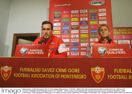 SOCCER - UEFA EURO EM Europameisterschaft Fussball 2016 quali, MNE vs AUT, preview PODGORICA,MONTENEGRO,08.OCT.15 - SOCCER - UEFA European Championship EM Europameisterschaft 2016, European Qualifiers, OEFB international match Länderspiel Montenegro vs Austria, preview, press conference PK Pressekonferenz team AUT. Image shows Christian Fuchs and head coach Marcel Koller (AUT). GEPAxpictures xChristianxOrt