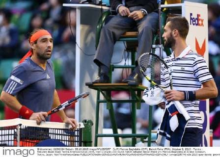 (L-R) Marcos Baghdatis (CYP), Benoit Paire (FRA), October 8, 2015 - Tennis : Rakuten Japan Open Tennis Championships 2015, men s singles 2nd round match between Benoit Paire 2-1 Marcos Baghdatis at Ariake Coliseum, Tokyo, Japan. NoxThirdxPartyxSales  (umqa028574)
