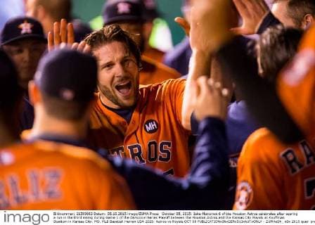 October 08, 2015: Jake Marisnick 6 of the Houston Astros celebrates after scoring a run in the third inning during Game 1 of the Divisional Series Playoff between the Houston Astros and the Kansas City Royals at Kauffman Stadium in Kansas City, MO. MLB Baseball Herren USA 2015: Astros vs Royals OCT 08 - ZUMAc04_