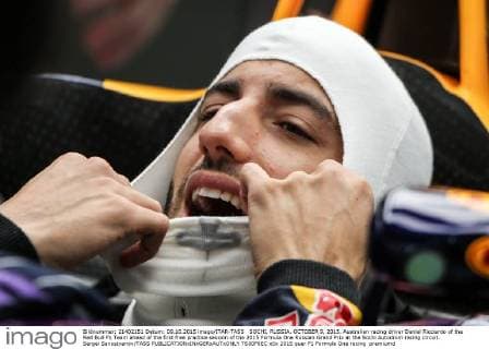 SOCHI, RUSSIA. OCTOBER 9, 2015. Australian racing driver Daniel Ricciardo of the Red Bull F1 Team ahead of the first free practice session of the 2015 Formula One Russian Grand Prix at the Sochi Autodrom racing circuit. Sergei Savostyanov TASS  TS00F6EC
