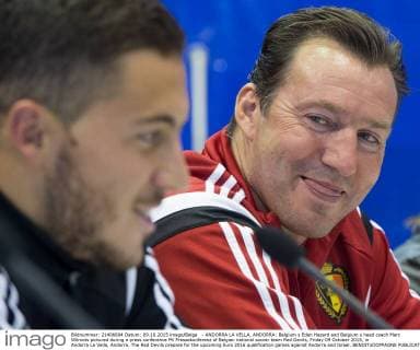- ANDORRA LA VELLA, ANDORRA: Belgium s Eden Hazard and Belgium s head coach Marc Wilmots pictured during a press conference PK Pressekonferenz of Belgian national soccer team Red Devils, Friday 09 October 2015, in Andorra La Vella, Andorra. The Red Devils prepare for the upcoming Euro 2016 qualification games against Andorra and Israel. BENOITxDOPPAGNE  x04717376x