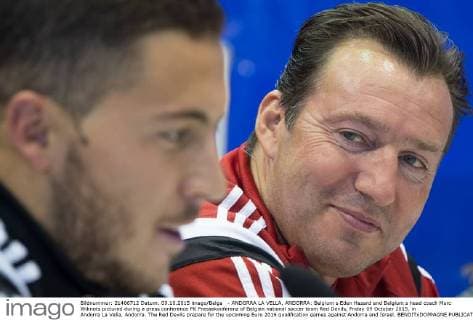 - ANDORRA LA VELLA, ANDORRA: Belgium s Eden Hazard and Belgium s head coach Marc Wilmots pictured during a press conference PK Pressekonferenz of Belgian national soccer team Red Devils, Friday 09 October 2015, in Andorra La Vella, Andorra. The Red Devils prepare for the upcoming Euro 2016 qualification games against Andorra and Israel. BENOITxDOPPAGNE  x04717378x