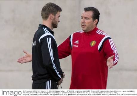 - ANDORRA LA VELLA, ANDORRA: Belgium s Nicolas Lombaerts and Belgium s head coach Marc Wilmots pictured during a training session of Belgian national soccer team Red Devils, Friday 09 October 2015, in Andorra La Vella, Andorra. The Red Devils prepare for the upcoming Euro 2016 qualification games against Andorra and Israel. BENOITxDOPPAGNE  x04717436x