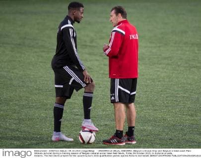 - ANDORRA LA VELLA, ANDORRA: Belgium s Divock Origi and Belgium s head coach Marc Wilmots pictured during a training session of Belgian national soccer team Red Devils, Friday 09 October 2015, in Andorra La Vella, Andorra. The Red Devils prepare for the upcoming Euro 2016 qualification games against Andorra and Israel. BENOITxDOPPAGNE  x04717463x